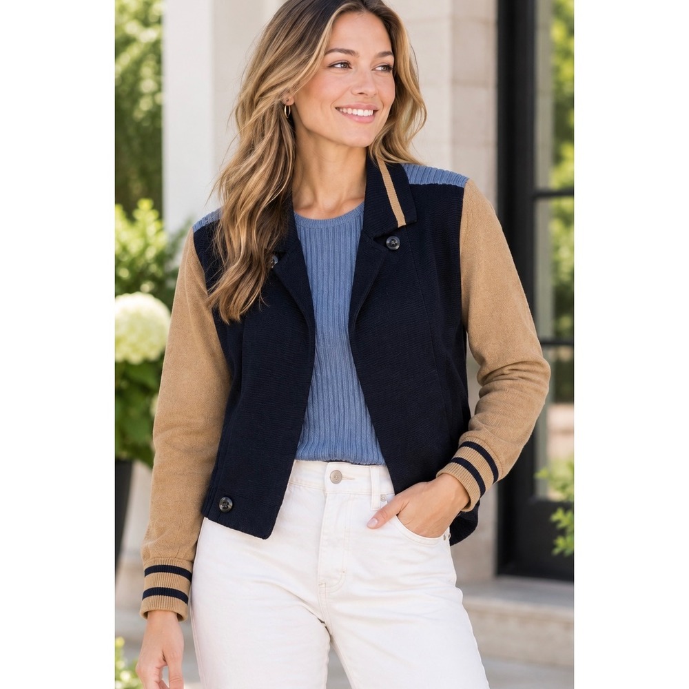 Cabi Navy Tan Varsity Cardigan Size M Mixed Media Colorblock Knit Jacket